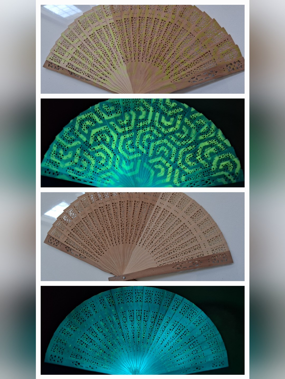 Ooak Hand Painted Wood Fan Uv Blacklight Festival Concert Glow In Dark